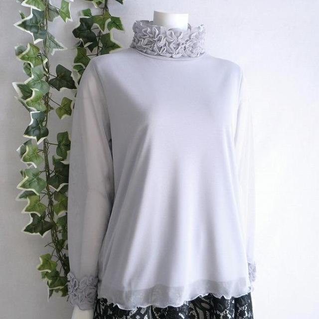 新品 8527 ML 花モチーフ ハイネック ブラウス 春 夏 秋 グレー メッシュ カットソー 袖花モチーフ 長袖 上品 < 女性ファッション 新品 8527 ML 花モチーフ ハイネック ブラウス 春 夏 秋 グレー メッシュ カットソー 袖花モチーフ 長袖 上品 < 女性ファッションの