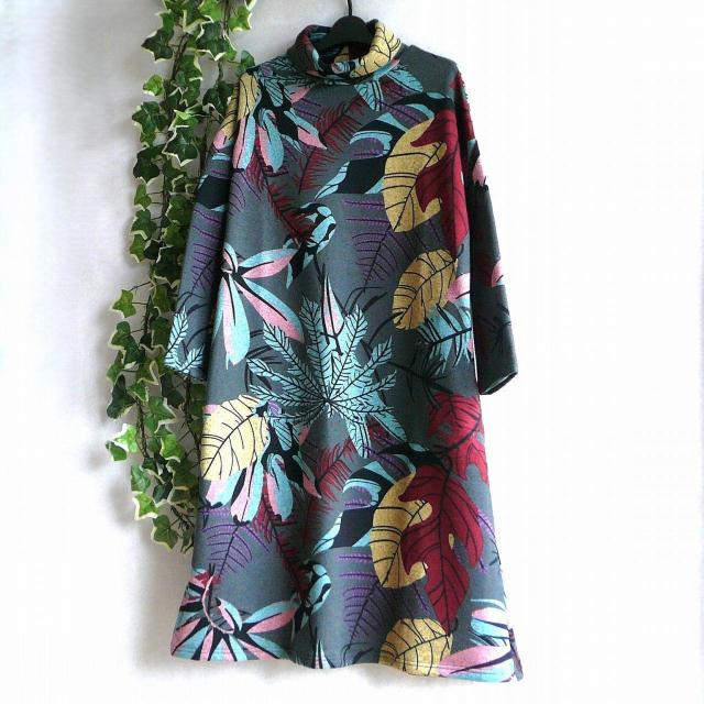 新品 9939 ML 裏起毛 あったか ワンピース グレー系 秋 冬 ボタニカル柄 ゆったりタートルストレッチニットソー < 女性ファッション 新品 9939 ML 裏起毛 あったか ワンピース グレー系 秋 冬 ボタニカル柄 ゆったりタートルストレッチニットソー < 女性ファッションの