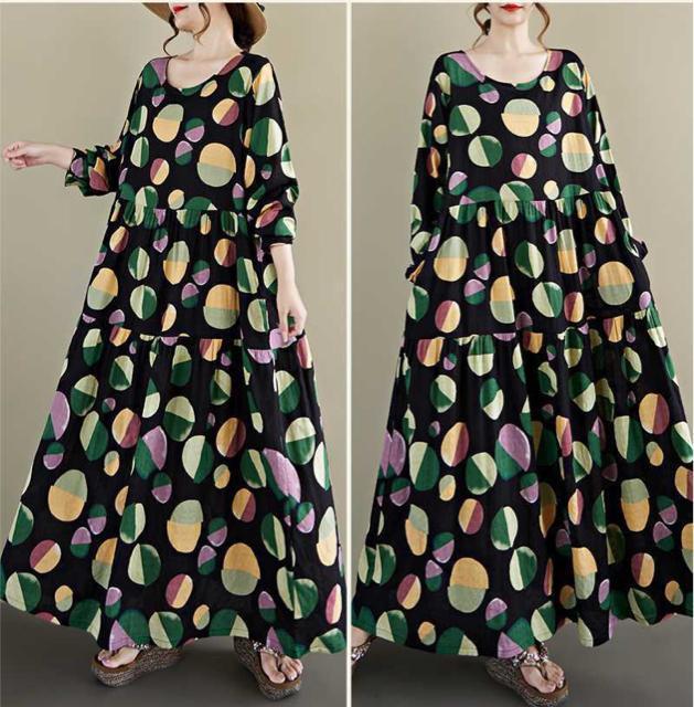 フレアワンピース カラフルドット柄 長袖 大きいサイズ < 女性ファッション フレアワンピース カラフルドット柄 長袖 大きいサイズ < 女性ファッションの