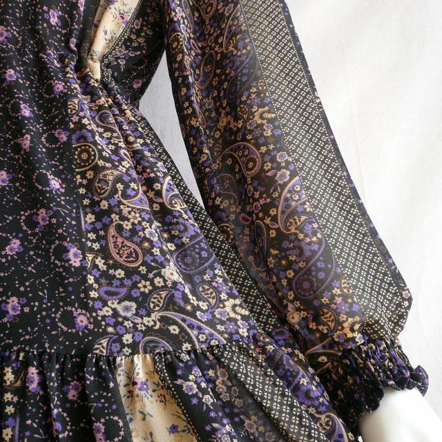 新品 9886 L−LL ティアード シフォン ワンピース パープル系 秋 レディース 共布リボン パッチワーク風柄 上品 < 女性ファッション 新品 9886 L−LL ティアード シフォン ワンピース パープル系 秋 レディース 共布リボン パッチワーク風柄 上品 < 女性ファッションの