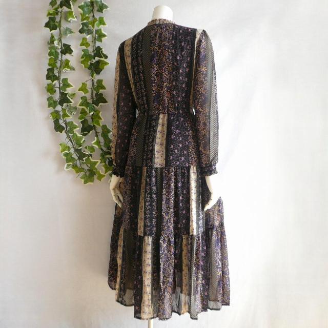 新品 9886 L−LL ティアード シフォン ワンピース パープル系 秋 レディース 共布リボン パッチワーク風柄 上品 < 女性ファッション 新品 9886 L−LL ティアード シフォン ワンピース パープル系 秋 レディース 共布リボン パッチワーク風柄 上品 < 女性ファッションの