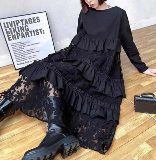 ティアードワンピース 透け花柄 レース切り替え ブラック 大きいサイズ < 女性ファッション  ティアードワンピース 透け花柄 レース切り替え ブラック 大きいサイズ  < 女性ファッションの