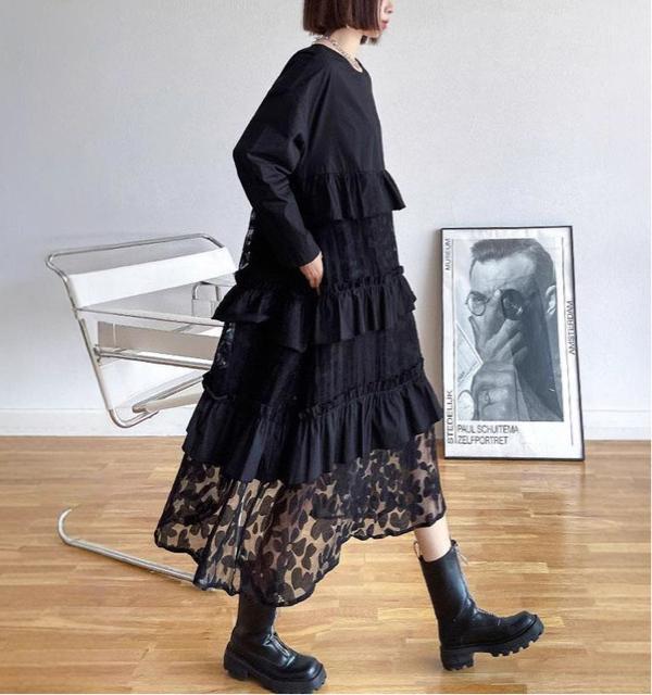 ティアードワンピース 透け花柄 レース切り替え ブラック 大きいサイズ < 女性ファッション  ティアードワンピース 透け花柄 レース切り替え ブラック 大きいサイズ < 女性ファッションの