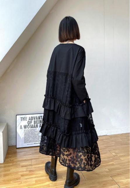 ティアードワンピース 透け花柄 レース切り替え ブラック 大きいサイズ < 女性ファッション  ティアードワンピース 透け花柄 レース切り替え ブラック 大きいサイズ < 女性ファッションの