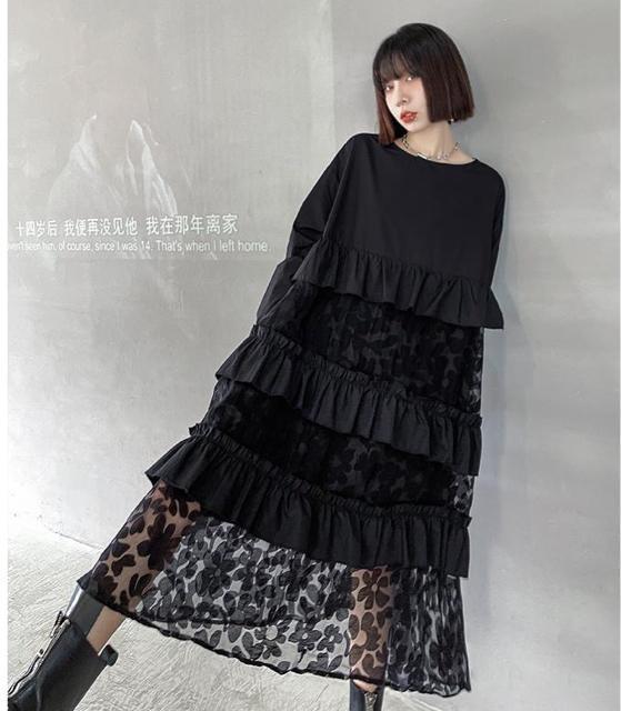 ティアードワンピース 透け花柄 レース切り替え ブラック 大きいサイズ < 女性ファッション  ティアードワンピース 透け花柄 レース切り替え ブラック 大きいサイズ < 女性ファッションの