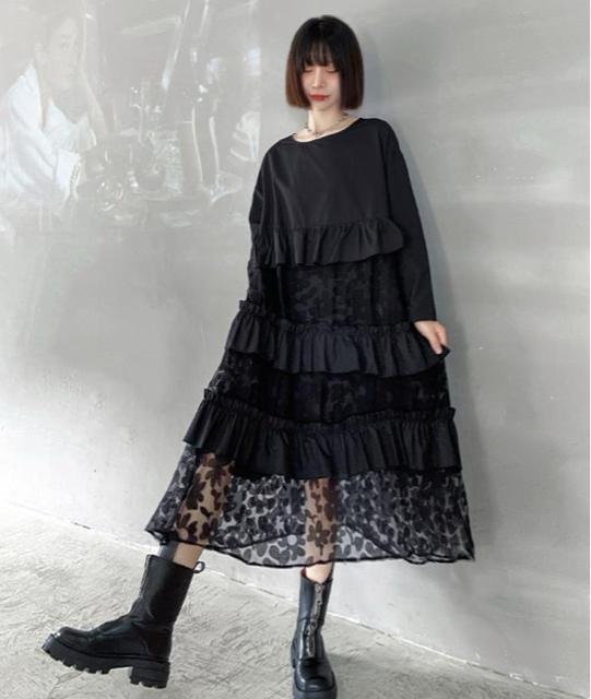 ティアードワンピース 透け花柄 レース切り替え ブラック 大きいサイズ < 女性ファッション  ティアードワンピース 透け花柄 レース切り替え ブラック 大きいサイズ < 女性ファッションの