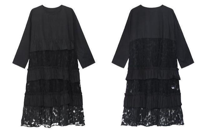 ティアードワンピース 透け花柄 レース切り替え ブラック 大きいサイズ < 女性ファッション  ティアードワンピース 透け花柄 レース切り替え ブラック 大きいサイズ < 女性ファッションの