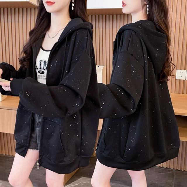 パーカー ジップアップ キラキララメ入り ブラック 大きいサイズ < 女性ファッション パーカー ジップアップ キラキララメ入り ブラック 大きいサイズ < 女性ファッションの