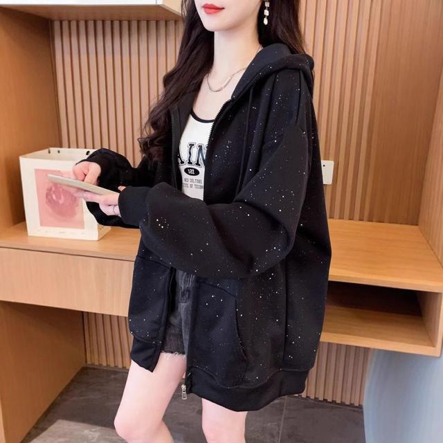 パーカー ジップアップ キラキララメ入り ブラック 大きいサイズ < 女性ファッション パーカー ジップアップ キラキララメ入り ブラック 大きいサイズ < 女性ファッションの