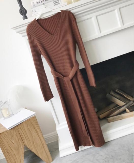 茶色ブラウンリブニットタイトワンピース膝下リボンベルトV < 女性ファッション 茶色ブラウンリブニットタイトワンピース膝下リボンベルトV < 女性ファッションの