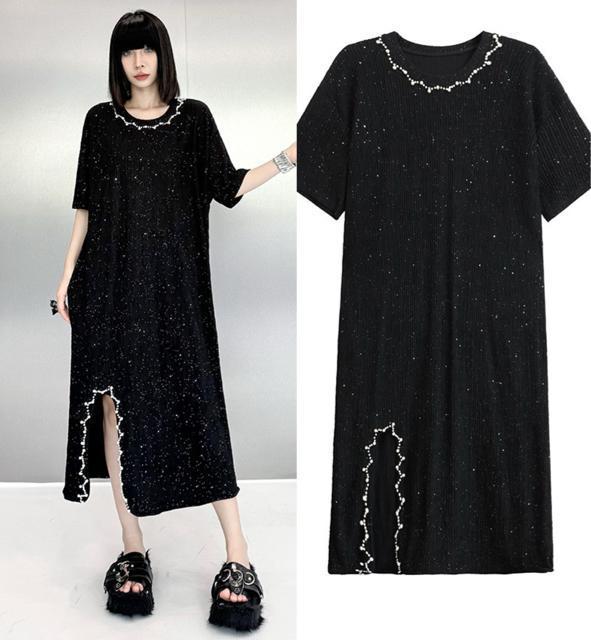 パール付き ロング丈 キラキララメ入り ワンピース 縦模様 ブラック 大きいサイズ < 女性ファッション  パール付き ロング丈 キラキララメ入り ワンピース 縦模様 ブラック 大きいサイズ  < 女性ファッションの