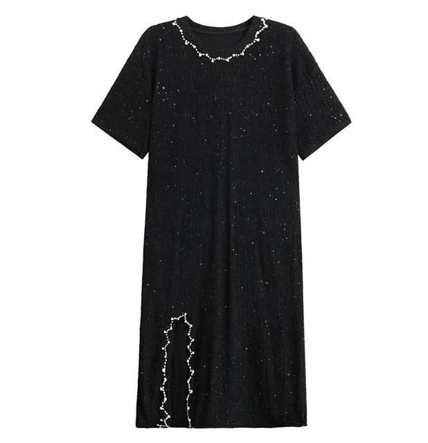 パール付き ロング丈 キラキララメ入り ワンピース 縦模様 ブラック 大きいサイズ < 女性ファッション  パール付き ロング丈 キラキララメ入り ワンピース 縦模様 ブラック 大きいサイズ < 女性ファッションの