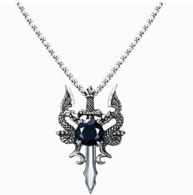 爆ヤス価格490円★クリエイティブ ダブルドラゴンソード ビンテージ ブラックジェムストーンペンダントネックレス < 女性アクセサリー/時計  爆ヤス価格490円★クリエイティブ ダブルドラゴンソード ビンテージ ブラックジェムストーンペンダントネックレス < 女性アクセサリー/時計の