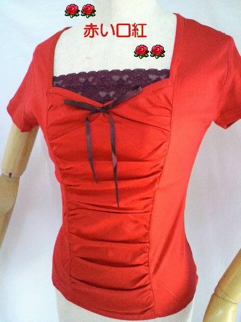 nobu・styleギャザー&レースデザインTシャツレッドM < 女性ファッション  nobu・styleギャザー&レースデザインTシャツレッドM  < 女性ファッションの