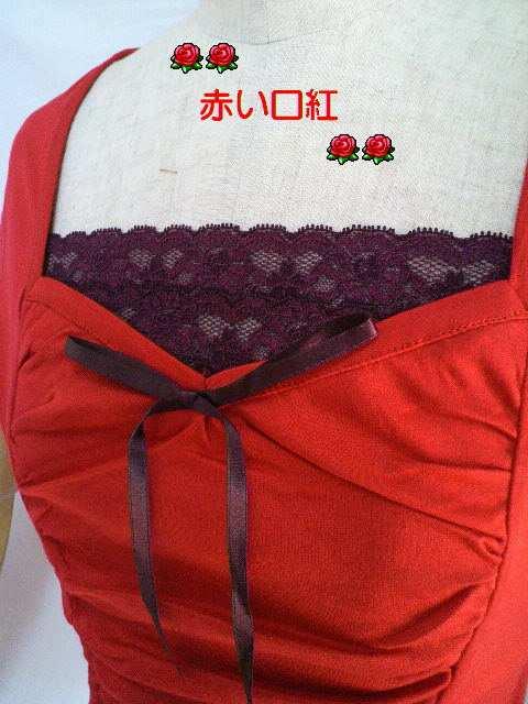 nobu・styleギャザー&レースデザインTシャツレッドM < 女性ファッション  nobu・styleギャザー&レースデザインTシャツレッドM < 女性ファッションの