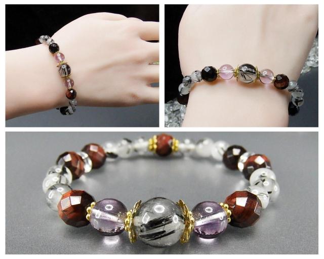 一点物ブラックルチルクォーツレッドタイガーアイアメジストデザインブレスレット < 女性アクセサリー/時計  一点物ブラックルチルクォーツレッドタイガーアイアメジストデザインブレスレット < 女性アクセサリー/時計の