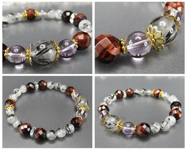 一点物ブラックルチルクォーツレッドタイガーアイアメジストデザインブレスレット < 女性アクセサリー/時計  一点物ブラックルチルクォーツレッドタイガーアイアメジストデザインブレスレット < 女性アクセサリー/時計の