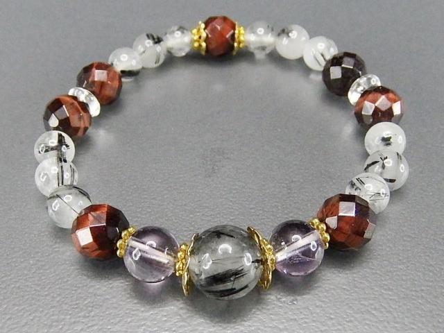一点物ブラックルチルクォーツレッドタイガーアイアメジストデザインブレスレット < 女性アクセサリー/時計  一点物ブラックルチルクォーツレッドタイガーアイアメジストデザインブレスレット < 女性アクセサリー/時計の