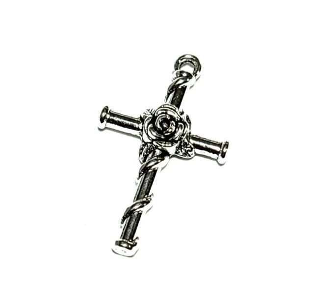 510 金属パーツ 1個 薔薇と十字架のチャーム クロス 銀色 ペンダントトップ◯ < ペット/手芸/園芸  510 金属パーツ 1個 薔薇と十字架のチャーム クロス 銀色 ペンダントトップ◯  < ペット/手芸/園芸の