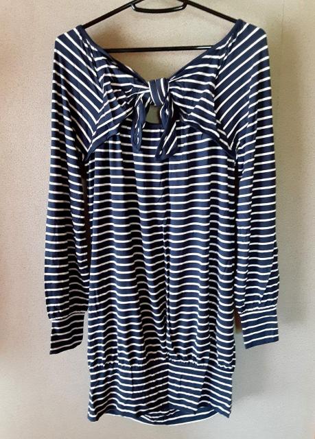 新品 PJ ワンピース チュニック 後ろリボン ワンピ 紺 ネイビー ボーダー 美シルエット トップス プルオーバー パフ長袖 < 女性ファッション  新品 PJ ワンピース チュニック 後ろリボン ワンピ 紺 ネイビー ボーダー 美シルエット トップス プルオーバー パフ長袖 < 女性ファッションの