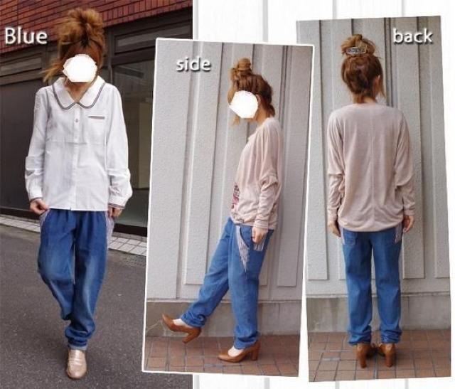 ウエストゴム+紐 ストライプ切替デザインデニムパンツ < 女性ファッション  ウエストゴム+紐 ストライプ切替デザインデニムパンツ < 女性ファッションの