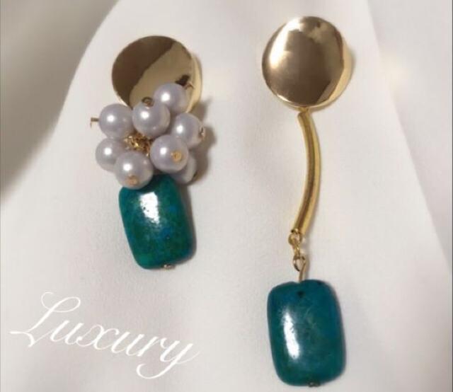 アシンメ ターコイズパールピアス【新品】ターコイズ×ゴールド < 女性アクセサリー/時計 アシンメ ターコイズパールピアス【新品】ターコイズ×ゴールド < 女性アクセサリー/時計の