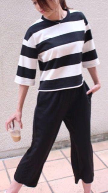 *新品良品ボーダー柄カットソー5分袖*ワイドパンツ2点アップ < 女性ファッション  *新品良品ボーダー柄カットソー5分袖*ワイドパンツ2点アップ  < 女性ファッションの