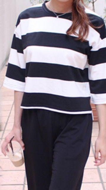 *新品良品ボーダー柄カットソー5分袖*ワイドパンツ2点アップ < 女性ファッション  *新品良品ボーダー柄カットソー5分袖*ワイドパンツ2点アップ < 女性ファッションの