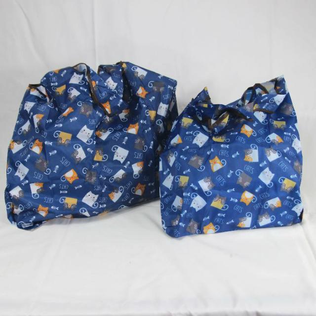 ◆猫好きにはたまらない!かわいい猫イラスト入り◆猫柄エコバッグ 大小2個セット 折たたみコンパクト < 女性ファッション  ◆猫好きにはたまらない!かわいい猫イラスト入り◆猫柄エコバッグ 大小2個セット 折たたみコンパクト < 女性ファッションの