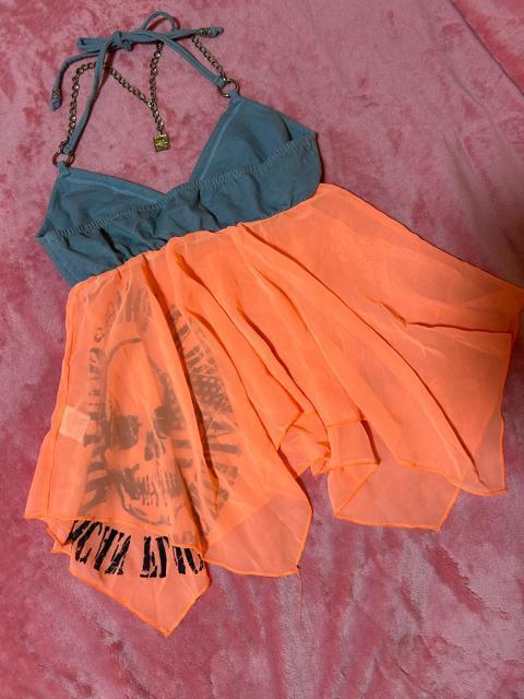 d.i.a. 異素材切り替え ホルターネックスカルチェーン付き オレンジシースルー スカルプリントキャミソール 新品未使用 < ブランド d.i.a. 異素材切り替え ホルターネックスカルチェーン付き オレンジシースルー スカルプリントキャミソール 新品未使用 < ブランドの