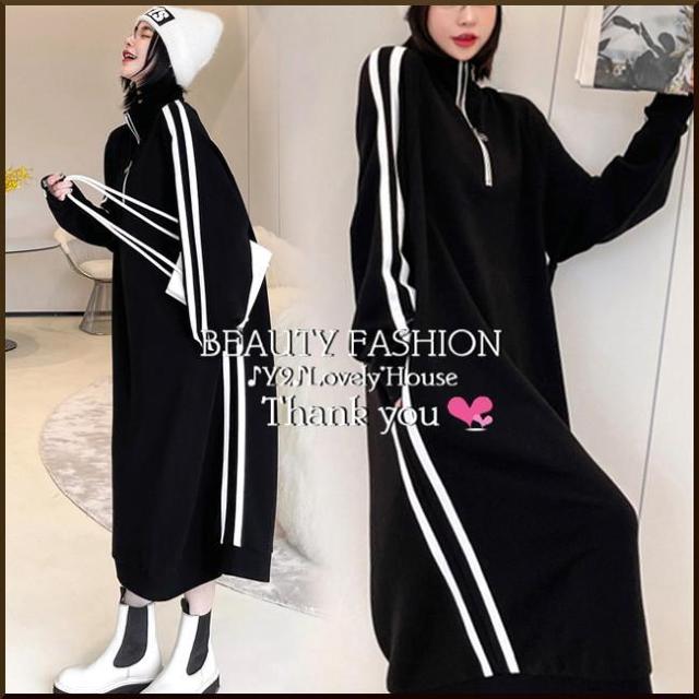 ◇〜3L4L5L*スタンドネックZIPUP2本ライントレーナーワンピ < 女性ファッション ◇〜3L4L5L*スタンドネックZIPUP2本ライントレーナーワンピ < 女性ファッションの