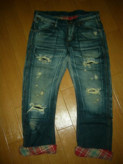 AKM×Wranglerダメージ加工デニムSインディゴ裏地チェック < ブランド  AKM×Wranglerダメージ加工デニムSインディゴ裏地チェック  < ブランドの