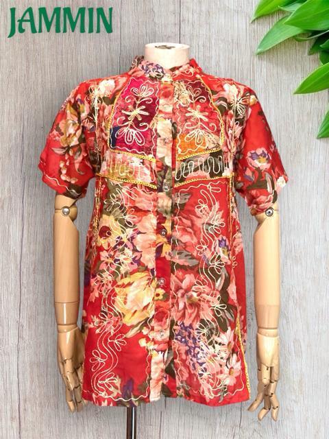 刺繍入り花柄シャツ★赤★エスニック★アジアン★ヒッピー < 女性ファッション  刺繍入り花柄シャツ★赤★エスニック★アジアン★ヒッピー  < 女性ファッションの