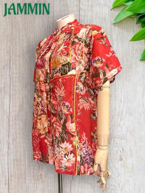 刺繍入り花柄シャツ★赤★エスニック★アジアン★ヒッピー < 女性ファッション  刺繍入り花柄シャツ★赤★エスニック★アジアン★ヒッピー < 女性ファッションの