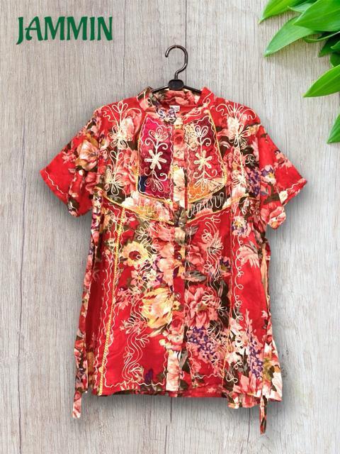 刺繍入り花柄シャツ★赤★エスニック★アジアン★ヒッピー < 女性ファッション  刺繍入り花柄シャツ★赤★エスニック★アジアン★ヒッピー < 女性ファッションの