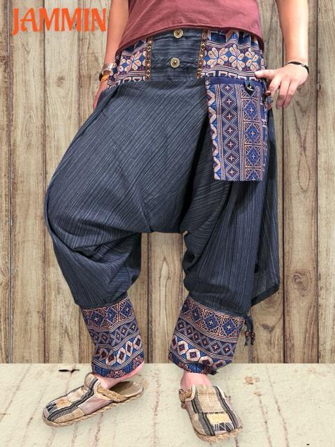 モン族刺繍柄生地付きサルエル忍者パンツ ネイビー アジアン エスニック ヒッピー < 男性ファッション モン族刺繍柄生地付きサルエル忍者パンツ ネイビー アジアン エスニック ヒッピー < 男性ファッションの