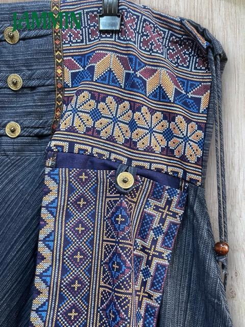 モン族刺繍柄生地付きサルエル忍者パンツ ネイビー アジアン エスニック ヒッピー < 男性ファッション モン族刺繍柄生地付きサルエル忍者パンツ ネイビー アジアン エスニック ヒッピー < 男性ファッションの