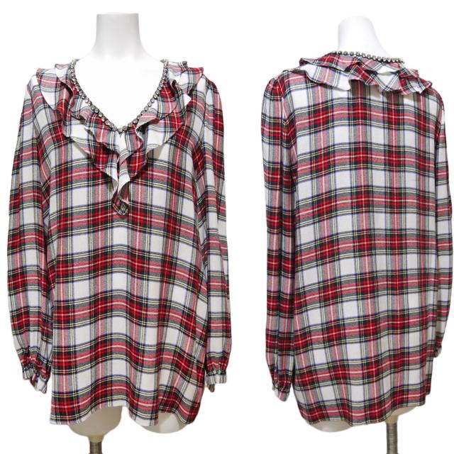 新品モスキーノMOSCHINOタータンチェックフリルブラウス赤#40# < ブランド 新品モスキーノMOSCHINOタータンチェックフリルブラウス赤#40# < ブランドの