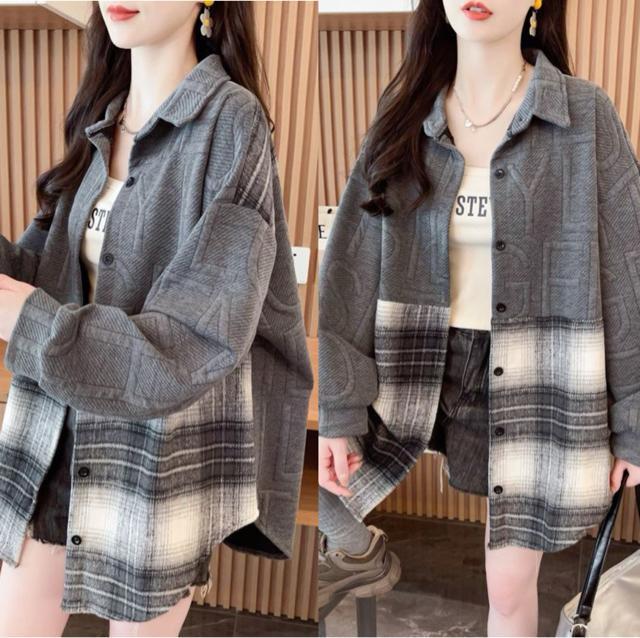 エンボス加工 英字柄 起毛素材チェック柄切り替え 前開きシャツ グレー 大きいサイズ < 女性ファッション エンボス加工 英字柄 起毛素材チェック柄切り替え 前開きシャツ グレー 大きいサイズ < 女性ファッションの