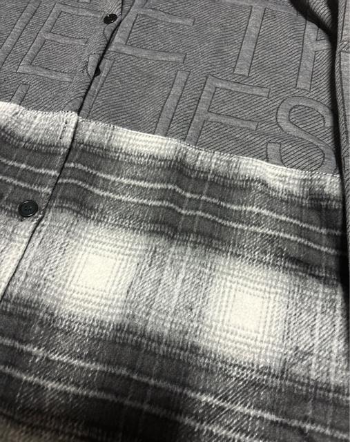 エンボス加工 英字柄 起毛素材チェック柄切り替え 前開きシャツ グレー 大きいサイズ < 女性ファッション エンボス加工 英字柄 起毛素材チェック柄切り替え 前開きシャツ グレー 大きいサイズ < 女性ファッションの