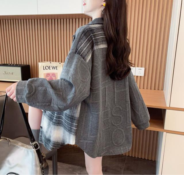 エンボス加工 英字柄 起毛素材チェック柄切り替え 前開きシャツ グレー 大きいサイズ < 女性ファッション エンボス加工 英字柄 起毛素材チェック柄切り替え 前開きシャツ グレー 大きいサイズ < 女性ファッションの