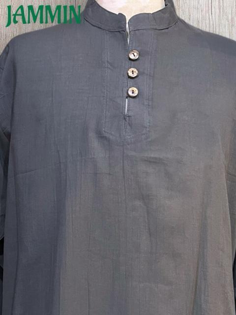 ココナッツボタン付きクルタ グレー アジアン エスニック ヒッピー 個性派 < 男性ファッション ココナッツボタン付きクルタ グレー アジアン エスニック ヒッピー 個性派 < 男性ファッションの