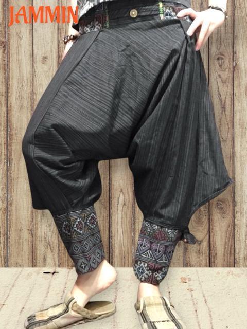 モン族刺繍柄生地付きサルエル忍者パンツ 黒 アジアン エスニック 男女兼用 ヒッピー < 男性ファッション モン族刺繍柄生地付きサルエル忍者パンツ 黒 アジアン エスニック 男女兼用 ヒッピー < 男性ファッションの