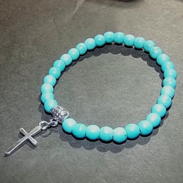十字架 クロスモチーフ 天然石 ターコイズブルー ビーズ ブレスレット 数珠 < 男性アクセサリー/時計 十字架 クロスモチーフ 天然石 ターコイズブルー ビーズ ブレスレット 数珠 < 男性アクセサリー/時計の