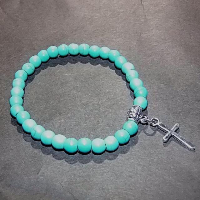 十字架 クロスモチーフ 天然石 ターコイズブルー ビーズ ブレスレット 数珠 < 男性アクセサリー/時計 十字架 クロスモチーフ 天然石 ターコイズブルー ビーズ ブレスレット 数珠 < 男性アクセサリー/時計の