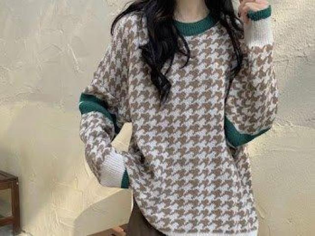 レトロ 千鳥チェック ニットセーター キャメル < 女性ファッション レトロ 千鳥チェック ニットセーター キャメル < 女性ファッションの