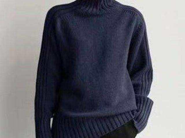 リブ編み 細見え効果 タートルネック ニット セーター ネイビー < 女性ファッション リブ編み 細見え効果 タートルネック ニット セーター ネイビー < 女性ファッションの