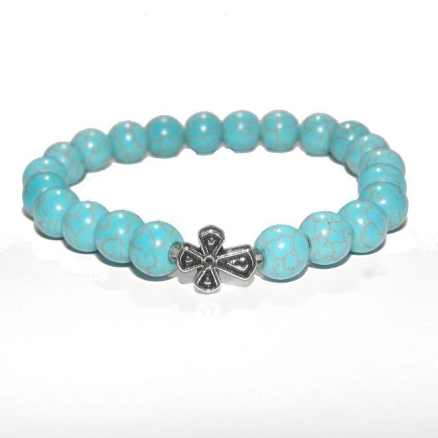 銀色 シルバー色 クロスモチーフ 十字架 ターコイズブルー 水色 天然石 ブレスレット 数珠 < 男性アクセサリー/時計  銀色 シルバー色 クロスモチーフ 十字架 ターコイズブルー 水色 天然石 ブレスレット 数珠 < 男性アクセサリー/時計の