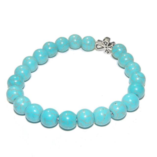 銀色 シルバー色 クロスモチーフ 十字架 ターコイズブルー 水色 天然石 ブレスレット 数珠 < 男性アクセサリー/時計  銀色 シルバー色 クロスモチーフ 十字架 ターコイズブルー 水色 天然石 ブレスレット 数珠 < 男性アクセサリー/時計の