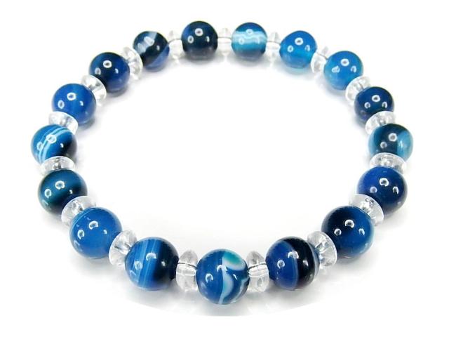 AAA濃い目縞入りブルー アゲート約8mm水晶ボタン天然石ブレスレット < 女性アクセサリー/時計  AAA濃い目縞入りブルー アゲート約8mm水晶ボタン天然石ブレスレット  < 女性アクセサリー/時計の